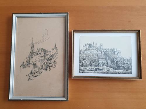 Dessins à l’encre paysages dont un signé E. Müller imprimés à Baden