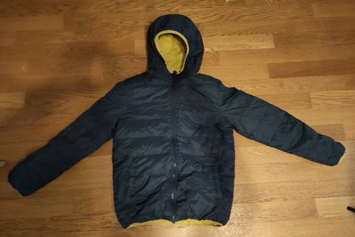Vends fine doudoune (420g) / coupe vent KW chaud Cyrillus - Taille 14 ans - Jaune-Marine réversible
