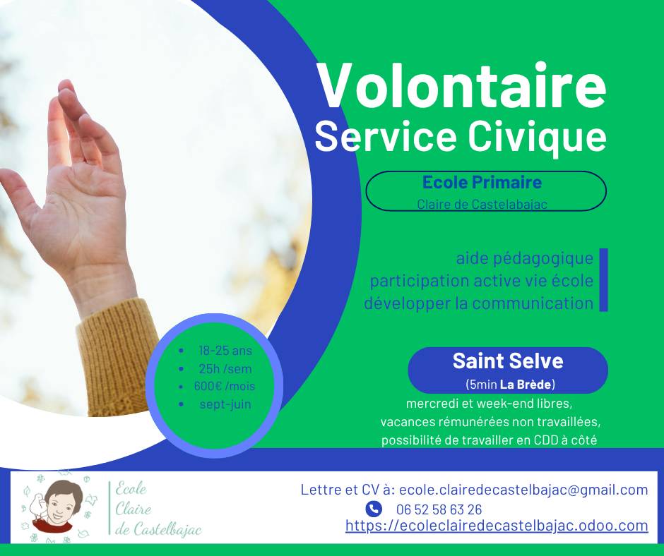 Recrute jeune en service civique pour école primaire (petits effectifs)