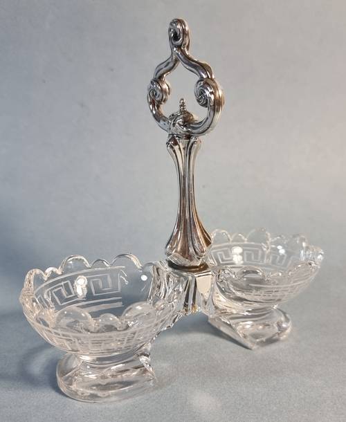 Élégant saleron double en argent massif et cristal, vers 1850