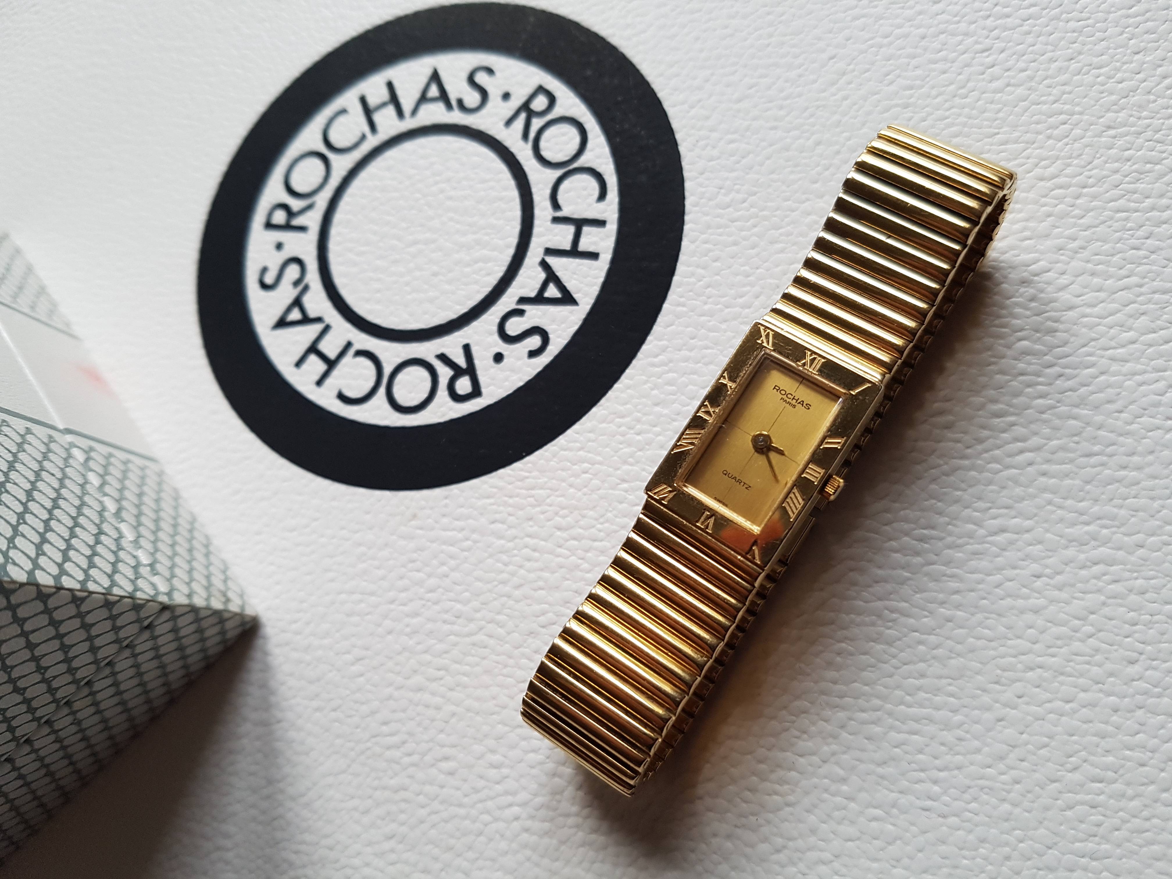 Vends élégante montre femme Rochas plaquée or 18 carats, fabrication suisse, vintage - années 80