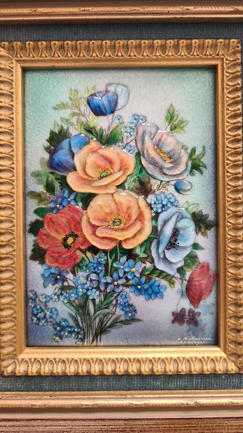 Vends émaux d’art de Limoges tableau anémones et myosotis