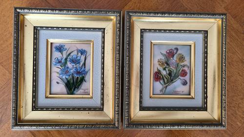 Vends émaux d’art de Limoges, 2 tableaux jumeaux bleuets et tulipes