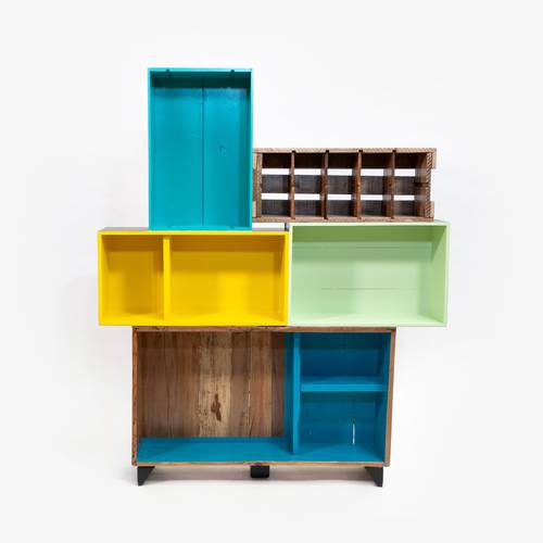 Étagère bibliothèque « caisses » multicolore et bois naturel