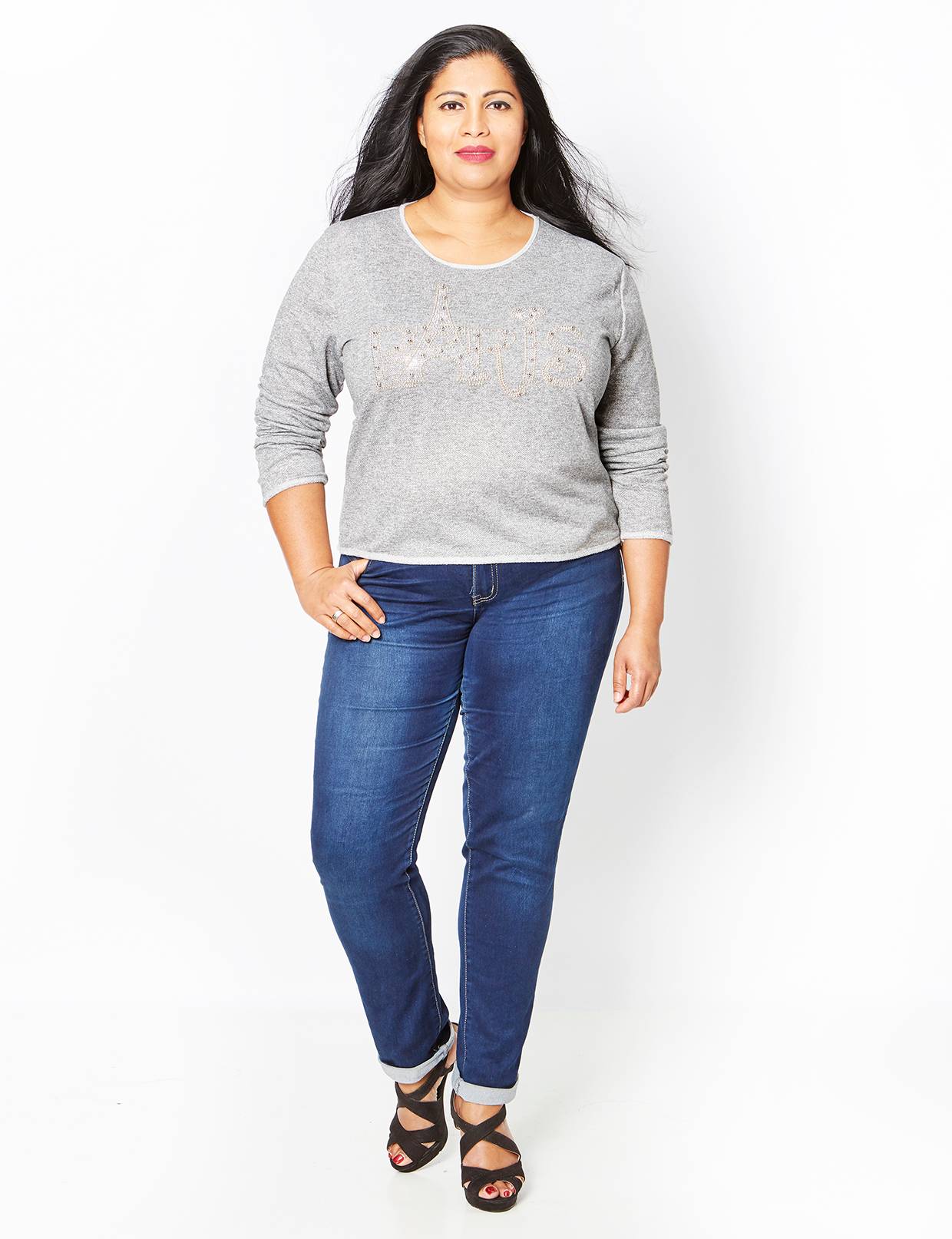 Pull femme gris motif Paris en strass T44 / 46