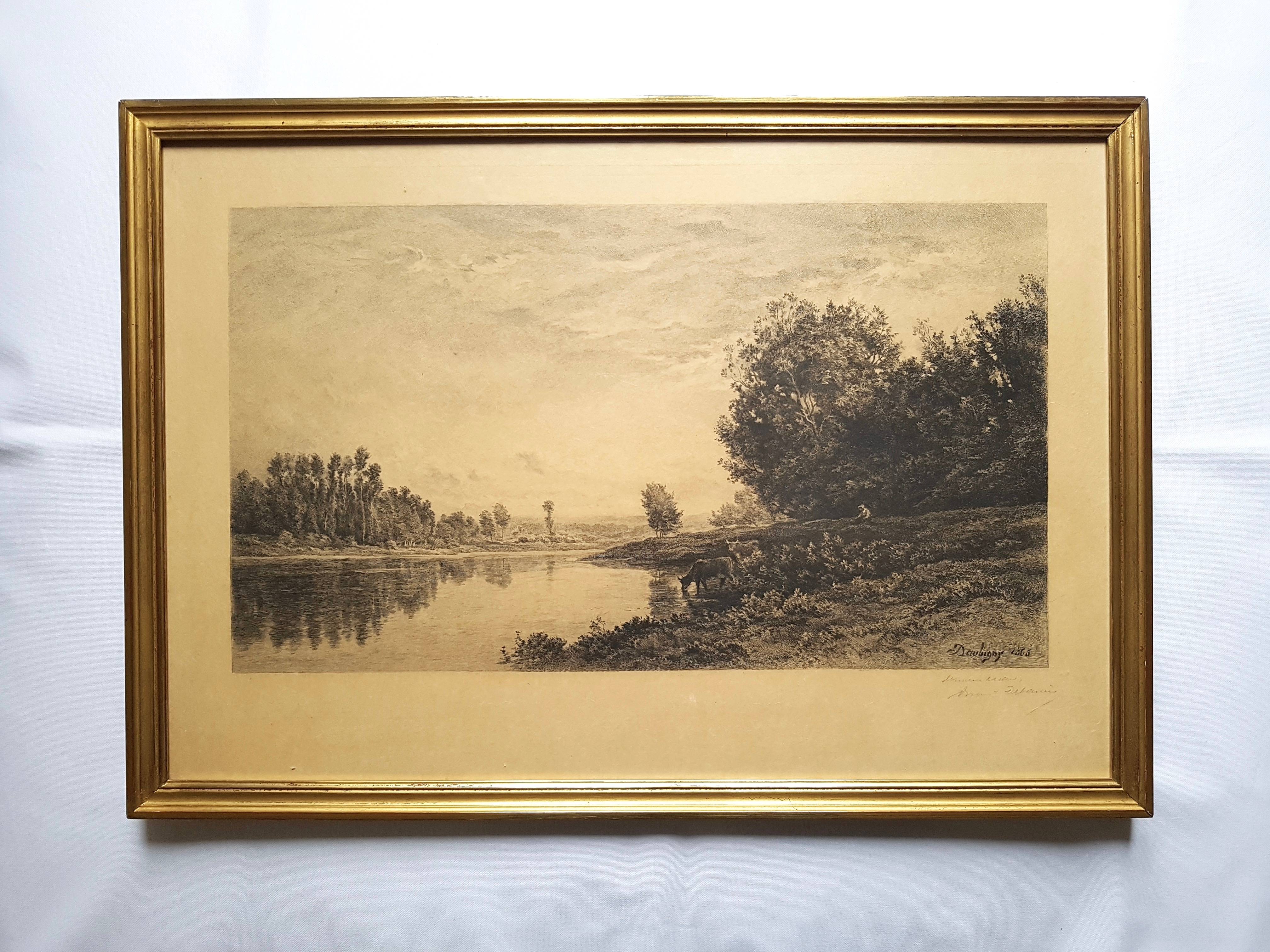 Eau-forte de BRUNET-DEBAINES / tableau de Daubigny 1866