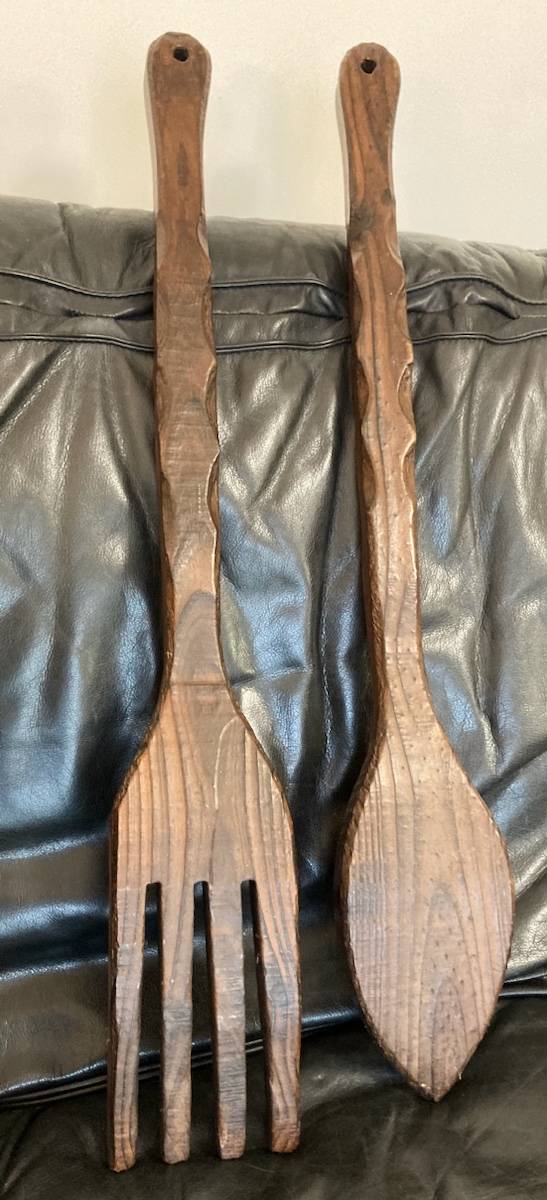 Fourchette et cuillère géante en bois déco vintage