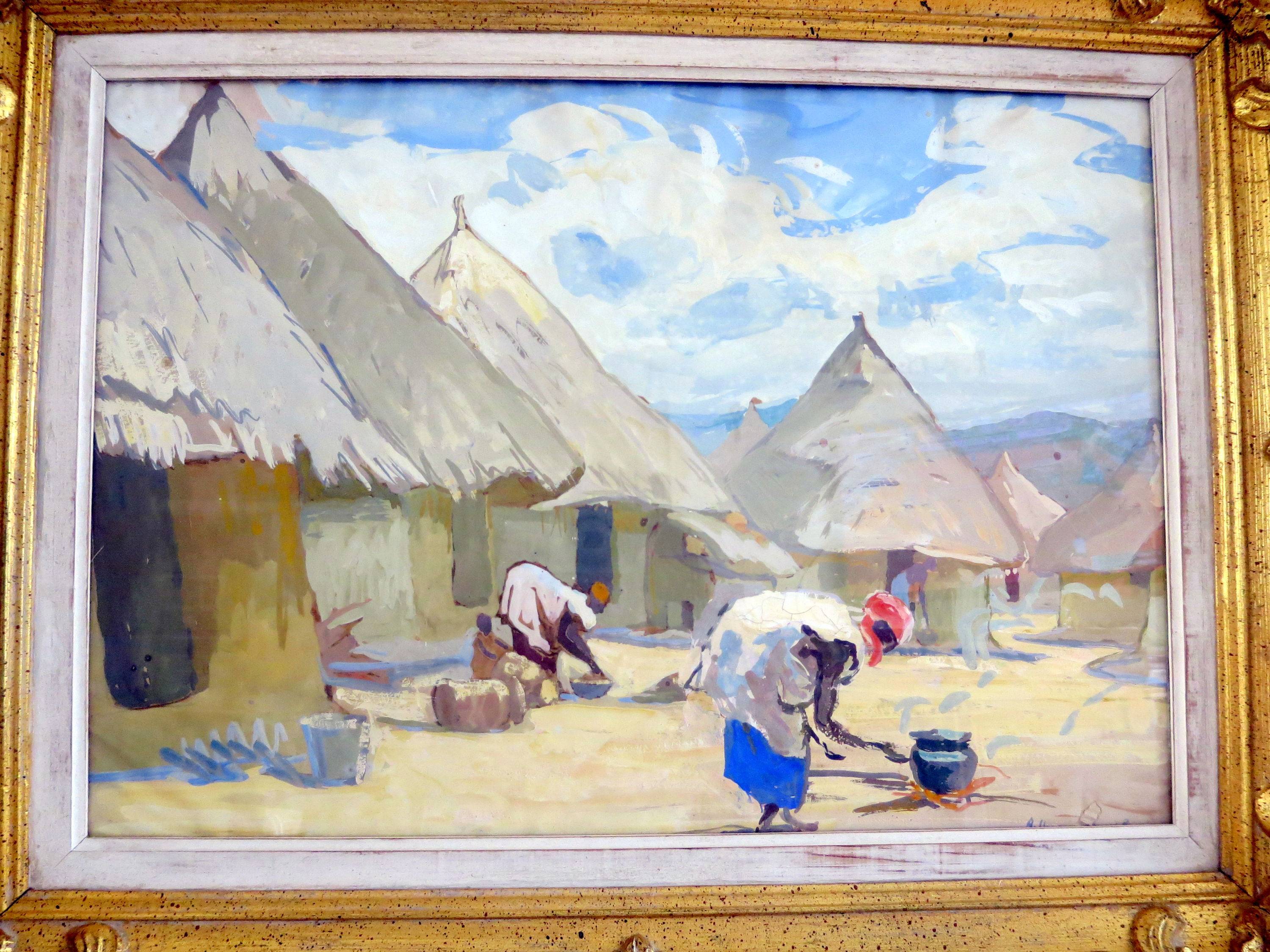 Gouache authentique signée- scène africaine d’André Herviault