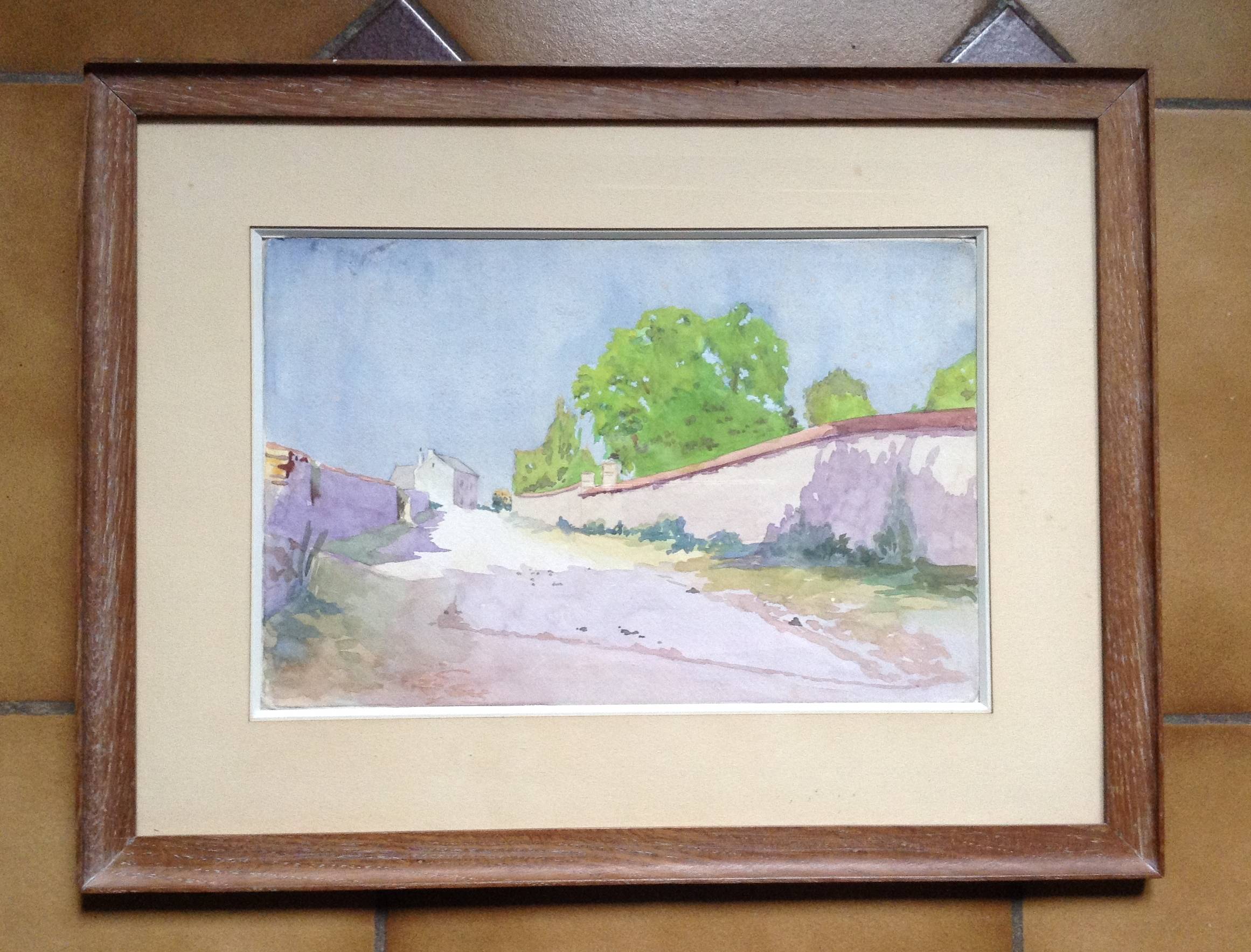 Gouache originale "Une rue qui s’en va et un grand mur " début XXème on