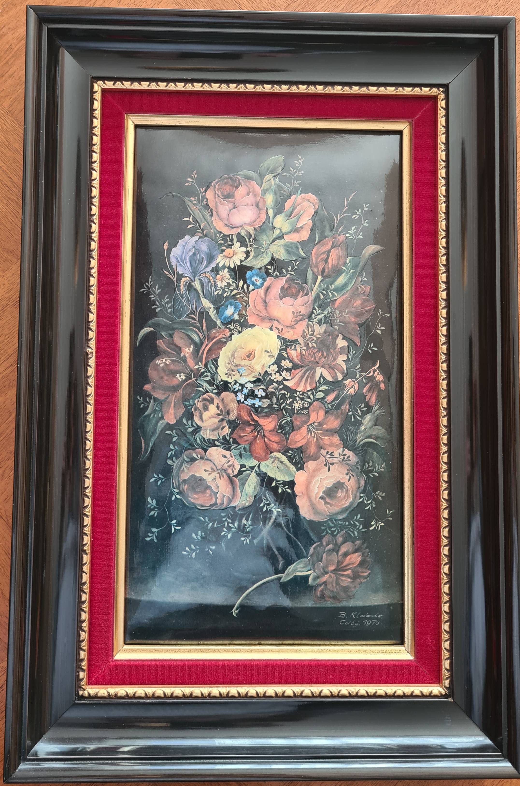 Vends grand tableau émaux d’art de Limoges jeté de fleurs sur fond noir