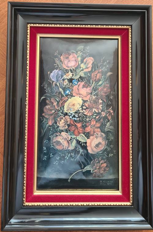 Vends grand tableau émaux d’art de Limoges jeté de fleurs sur fond noir