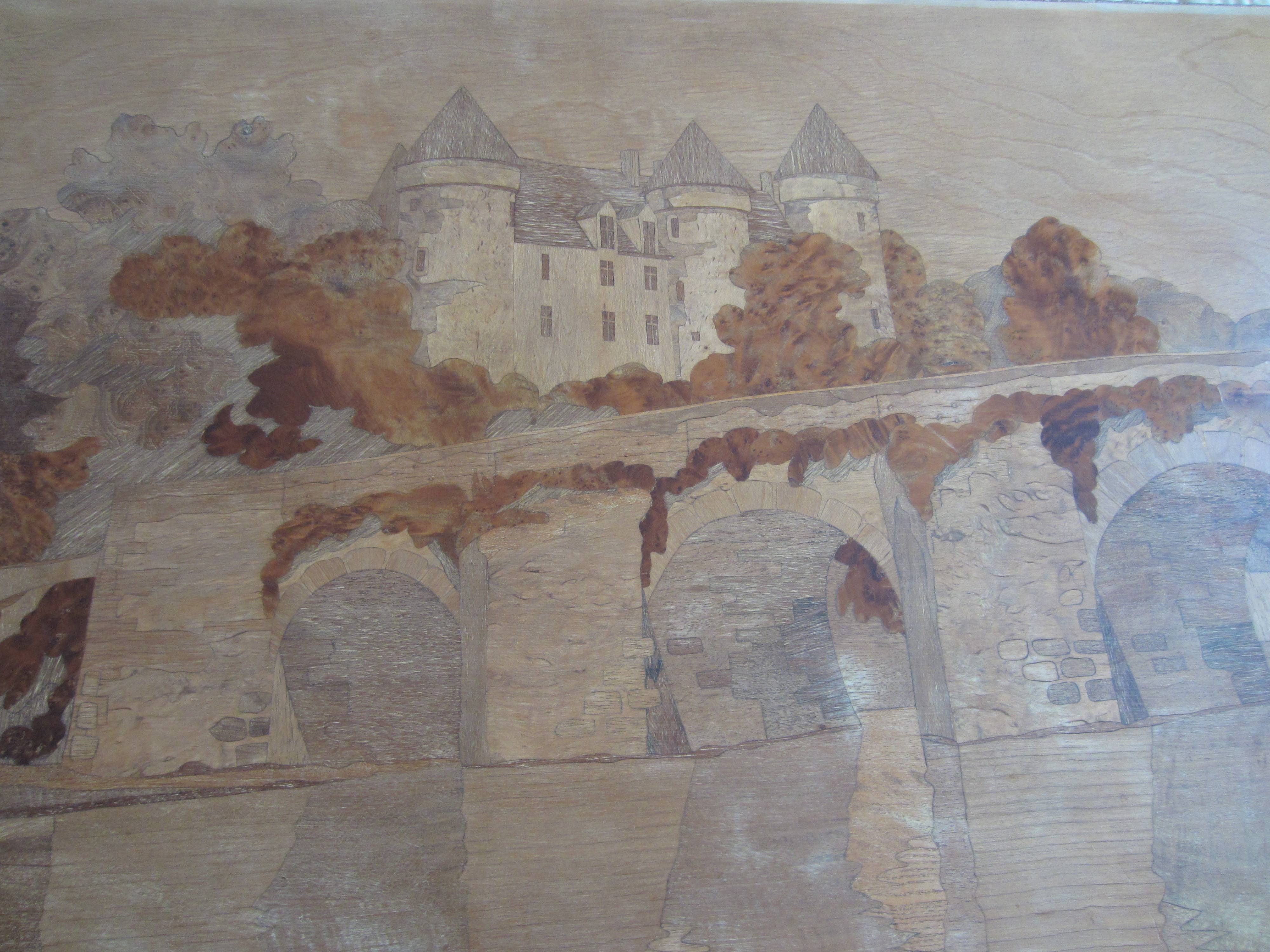 Vends grand tableau breton en marqueterie de bois précieux Le château de Josselin de la famille de Rohan
