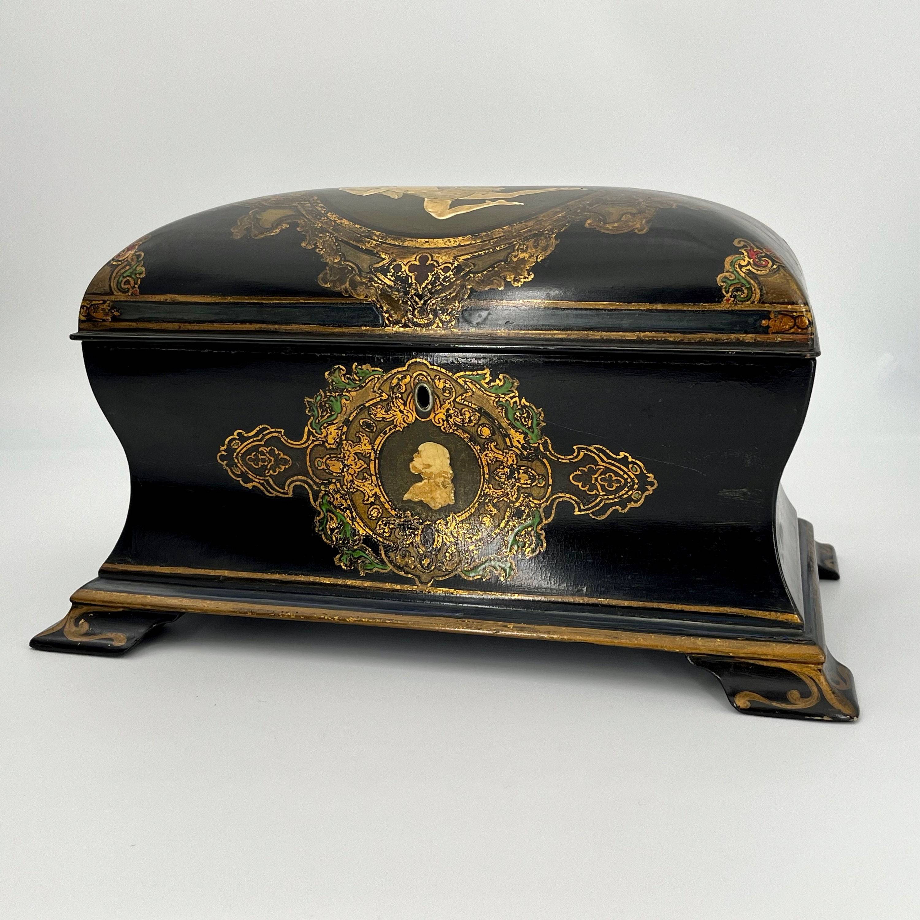 Grande boîte à thé ancienne en papier mâché Jennens & Bettridge, Angleterre milieu XIXe siècle