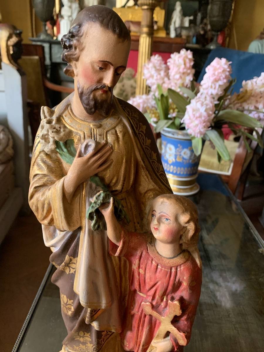 Sculpture En Bois Polychrome - Saint Joseph Avec L'Enfant Jésus - XVIII-XIXème Siècle - À Restaurer