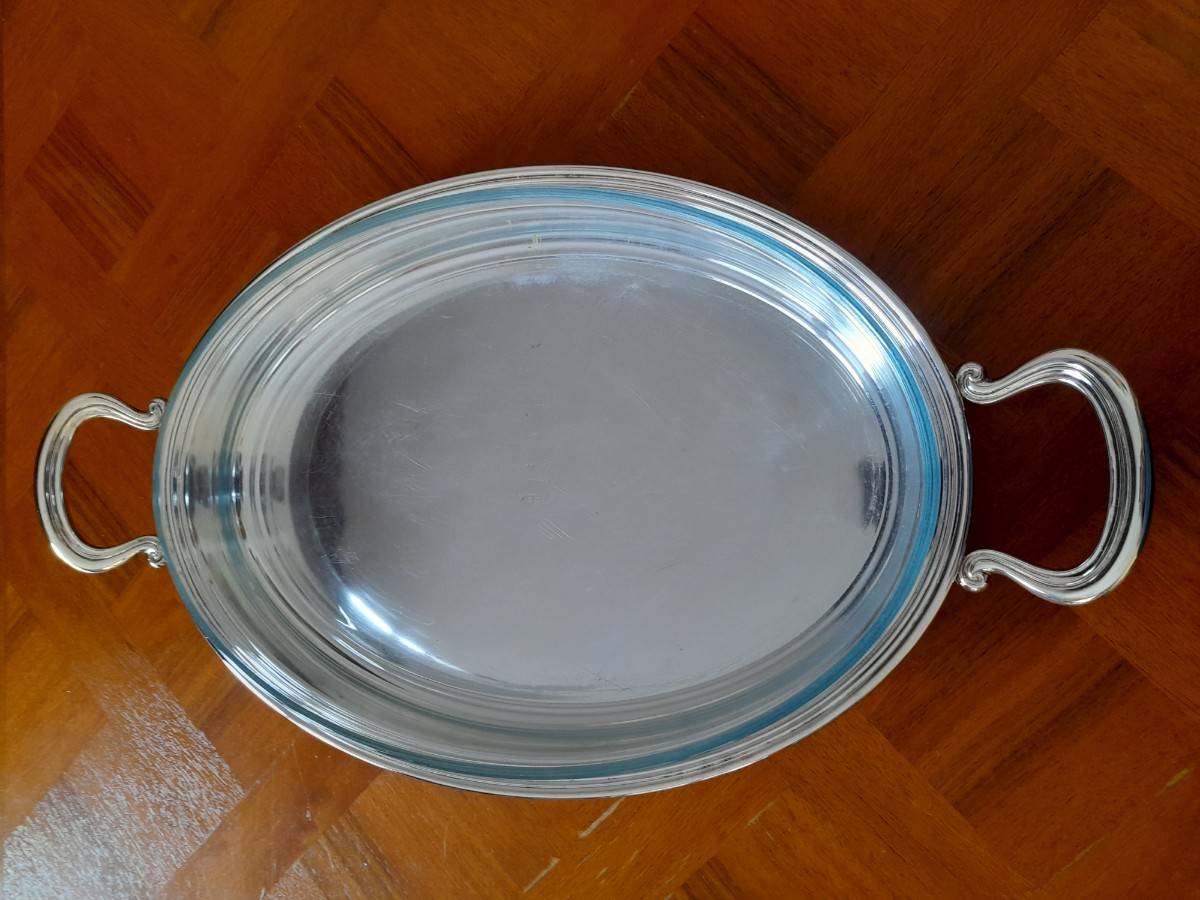 Plat à gratin pyrex et porte plat métal argenté