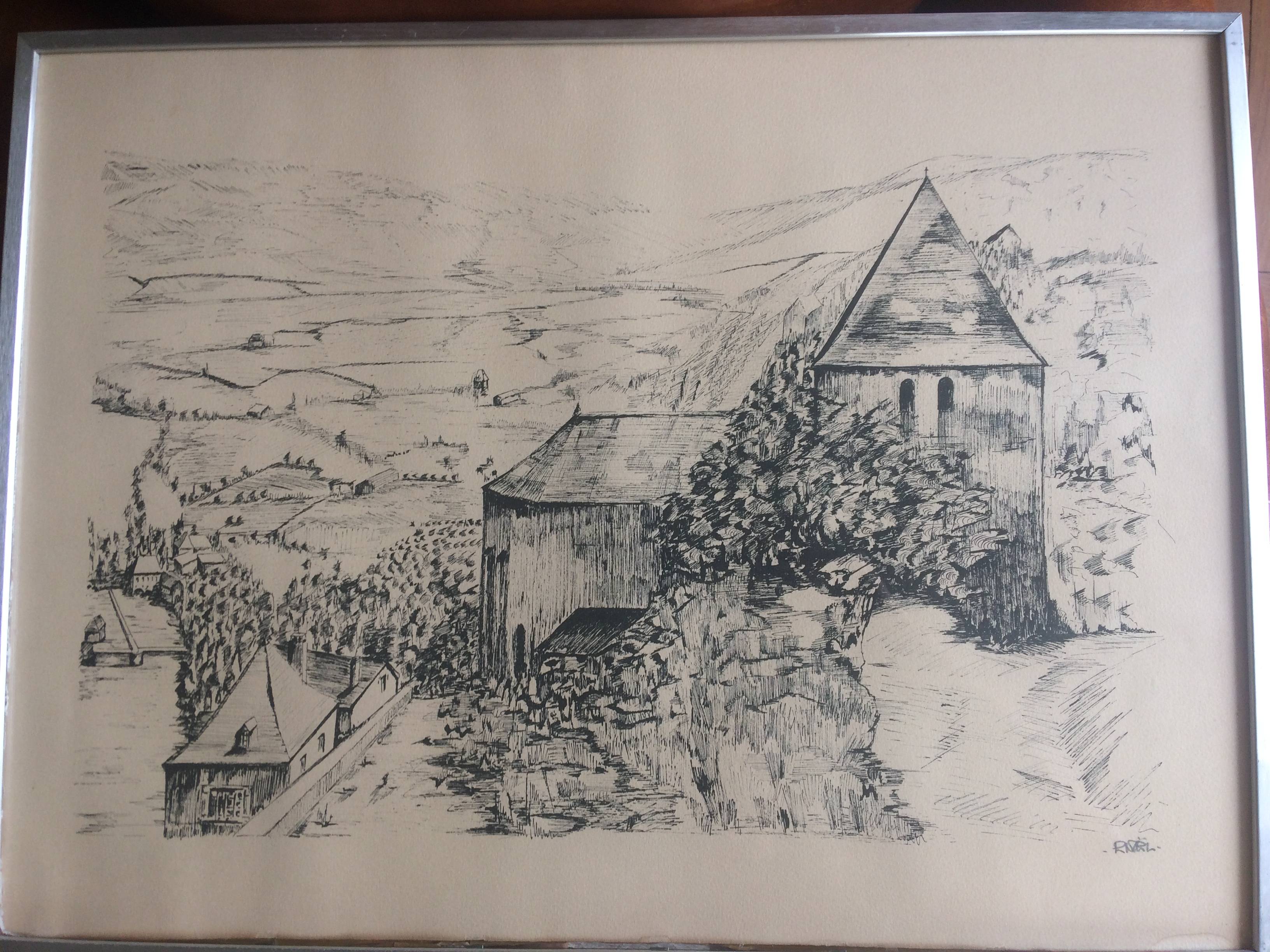 Gravure église et hameau en montagne signé R. Noel 65 x49 cm sur Gens
