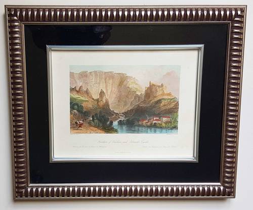 Gravure Fontaine de Vaucluse château de Petrarch c. 1850
