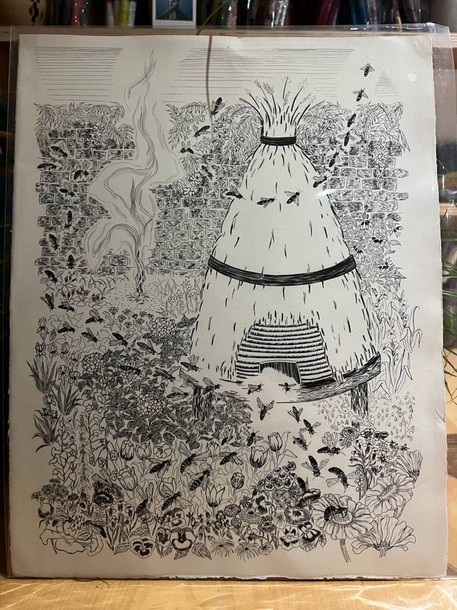 Vends gravure La Ruche et ses abeilles