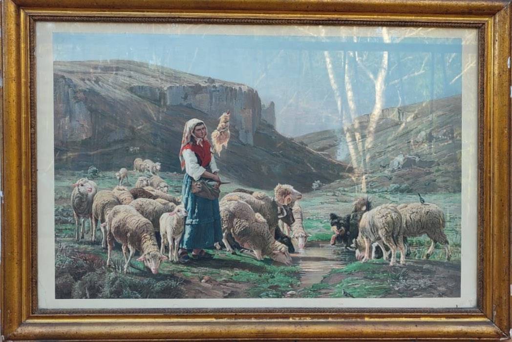 Lithographie fin 19ème Paul Vayson (1841-1911) - Bergère et ses moutons dans les montagnes provençales