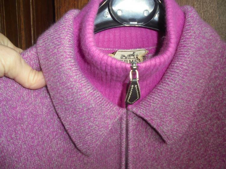Vends pull Hermès mixte, double col, rose/gris - Taille M