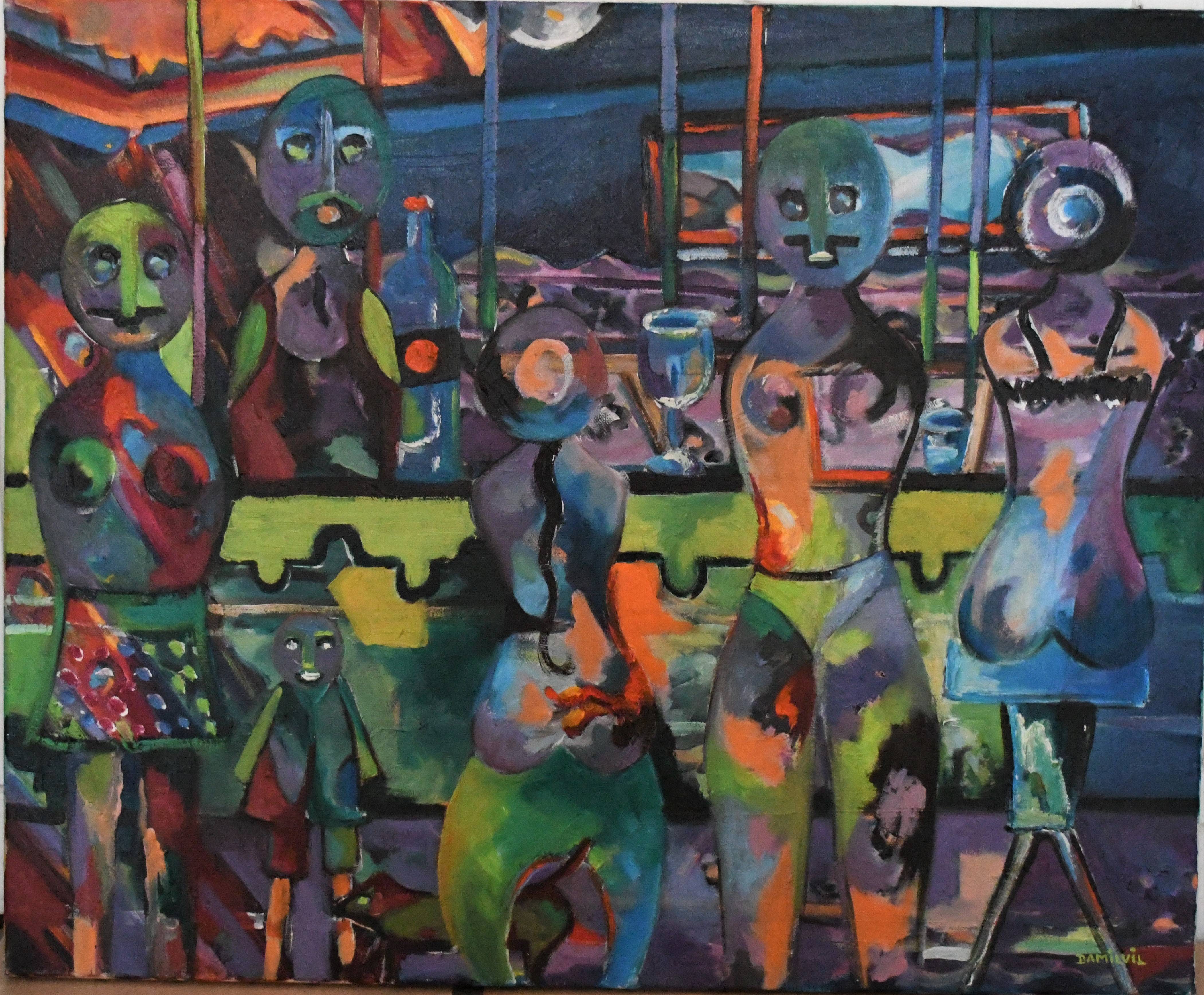 Huile sur toile. Au bar