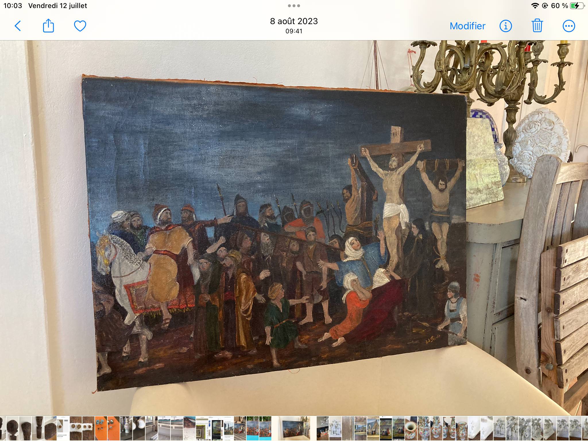 Huile sur toile de la crucifixion de Jésus Christ signée J.J. Paris