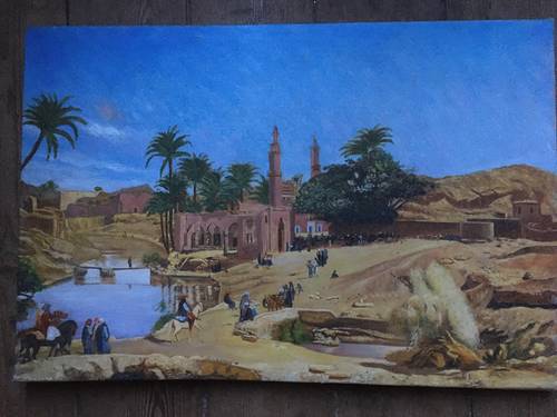 Huile sur toile orientaliste, paysage très animé