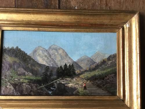 Vends huile sur toile, paysage de montagne animé, début XIXème