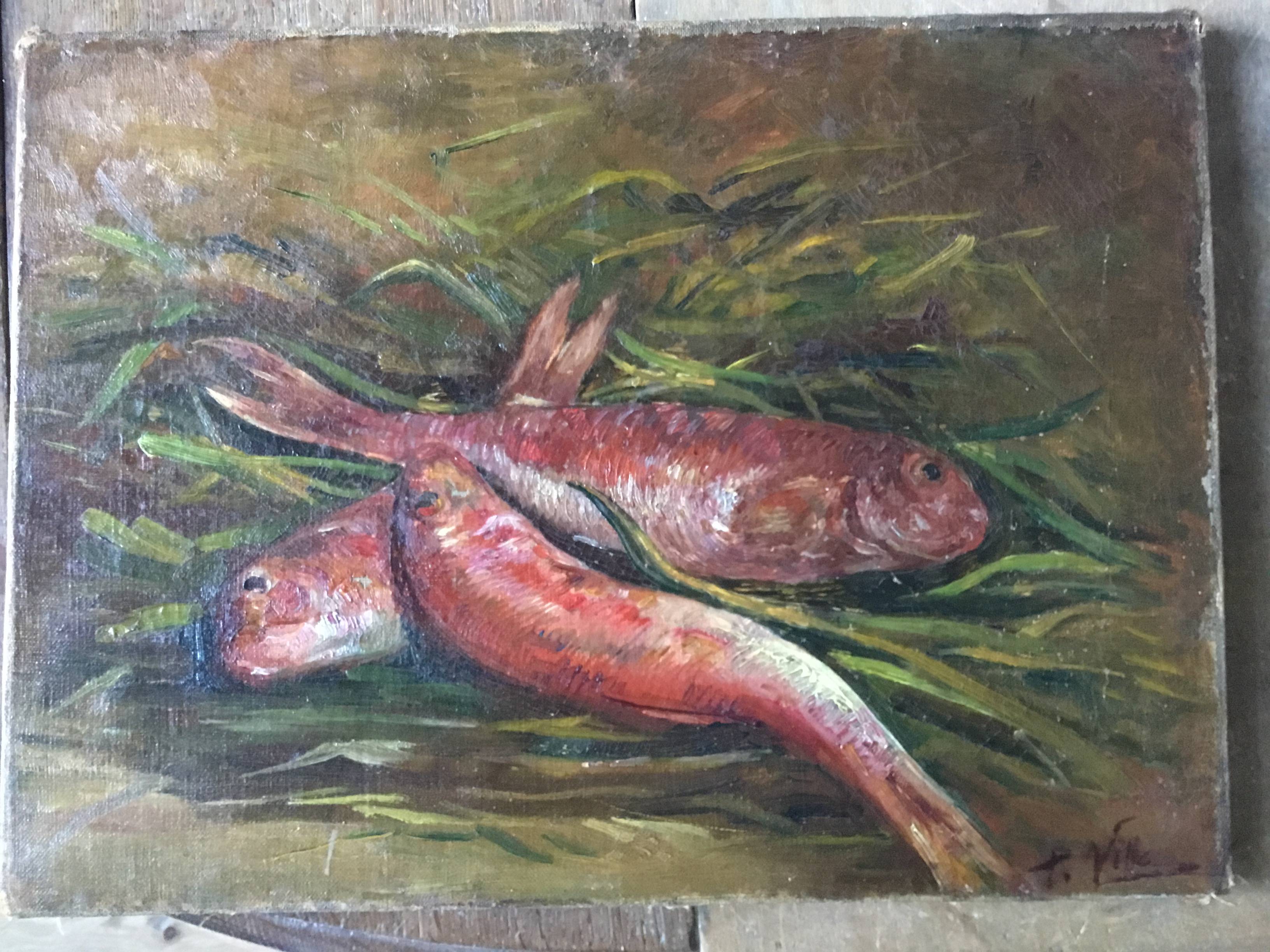 Huile sur toile Les Rougets, signée P. Villa