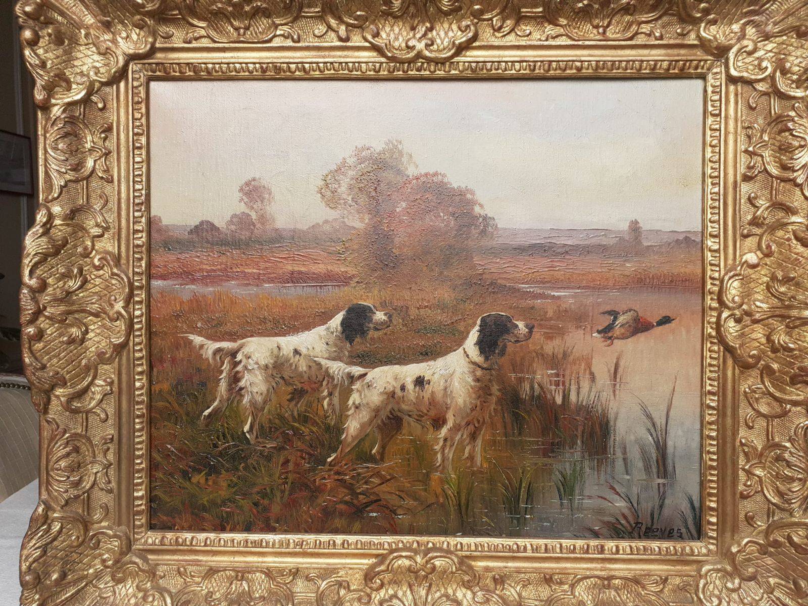 Huile sur toile par Walter REEVES, peintre anglais du XIXème, Chiens de