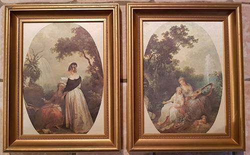Paire de reproductions sur soie dans cadre doré