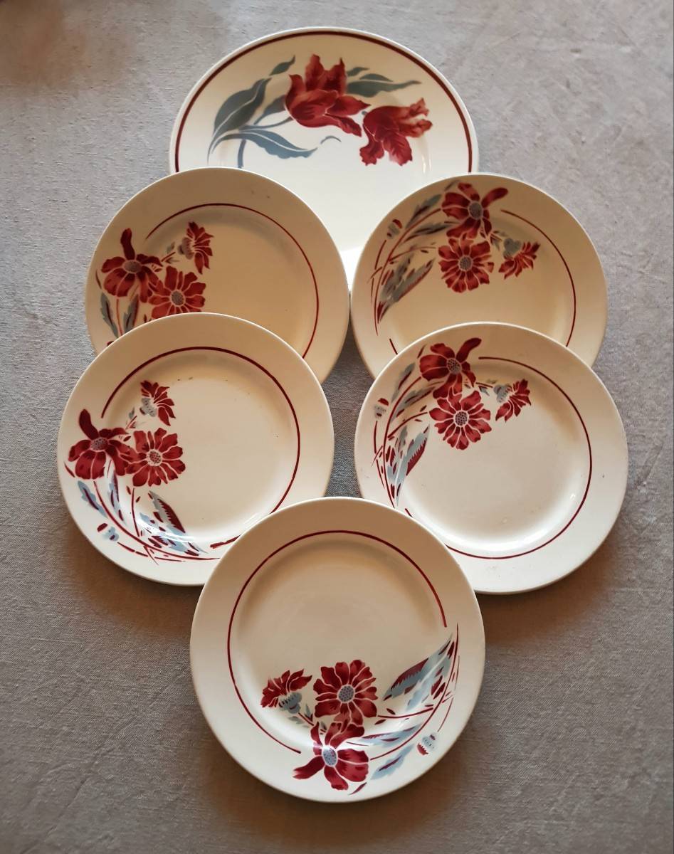 Vends 5 jolies assiettes à dessert Terre de Fer en porcelaine Badonviller modèle Deauville en très bon état