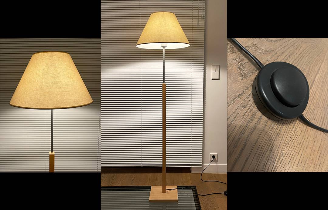 Lampe sur pied style lampadaire avec abat-jour en Lin, pied en bois et