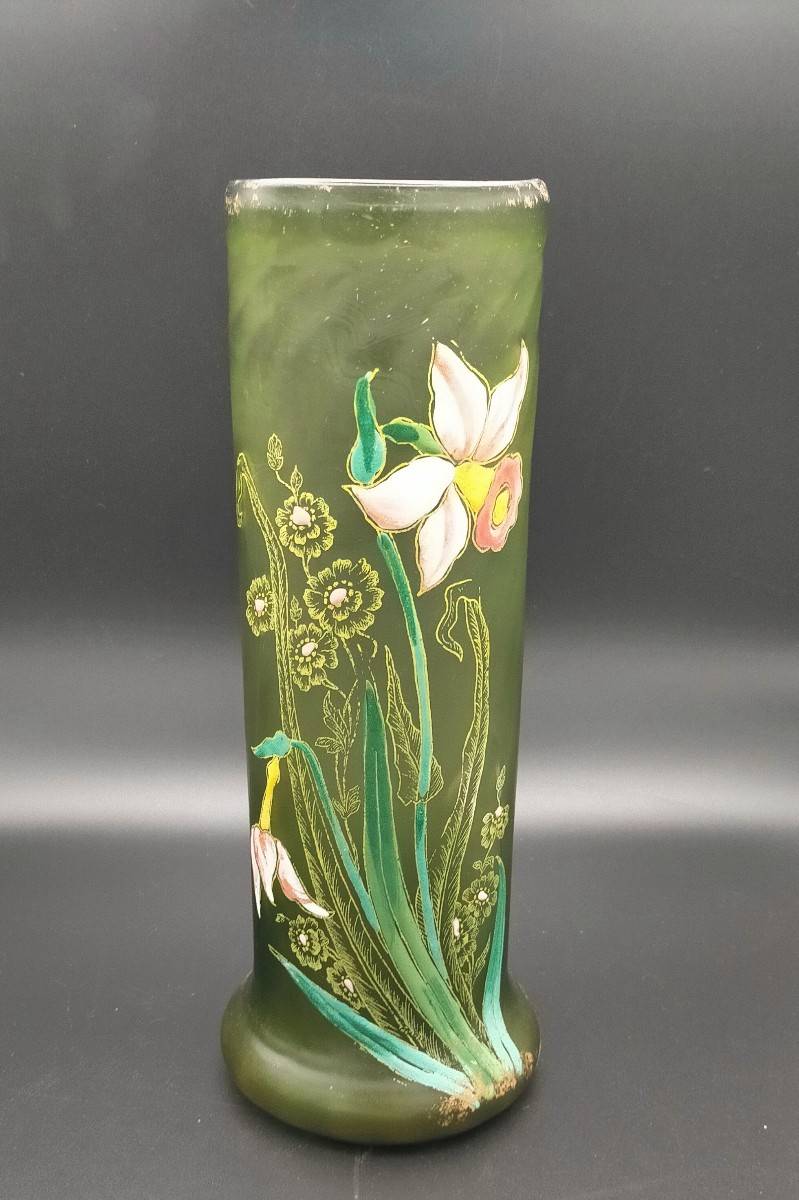 Vase legras, vert, or, décor émaillé, fleur, iris, verre opaque, art