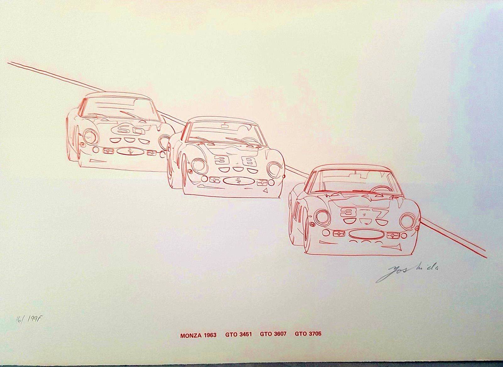 Lithographie originale d’Hideki Yoshida, 3 Ferrari 250 Gto,Monza 1963