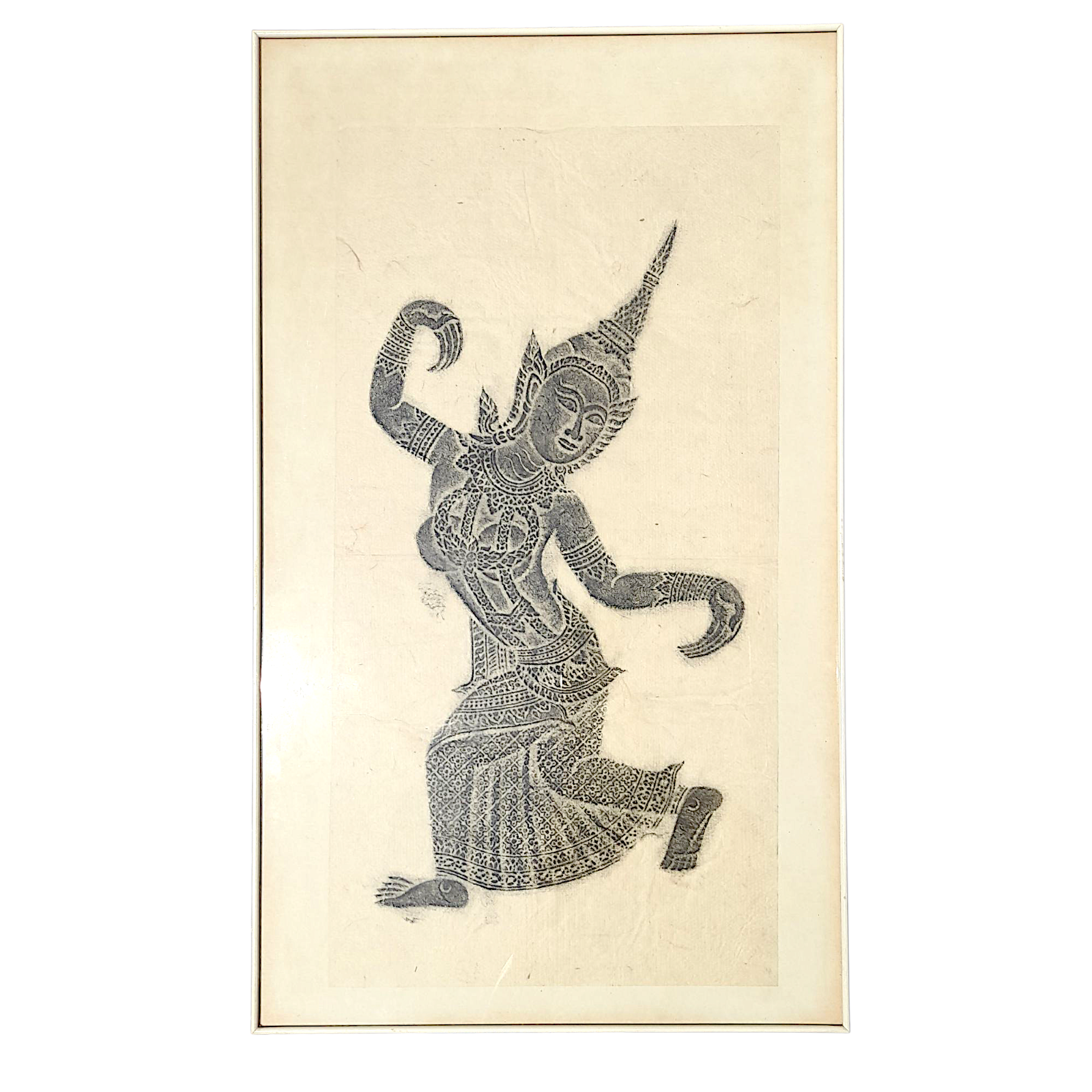Magnifique Frottage Original d’Apsara d’Angkor au Fusain sur Papier de Riz