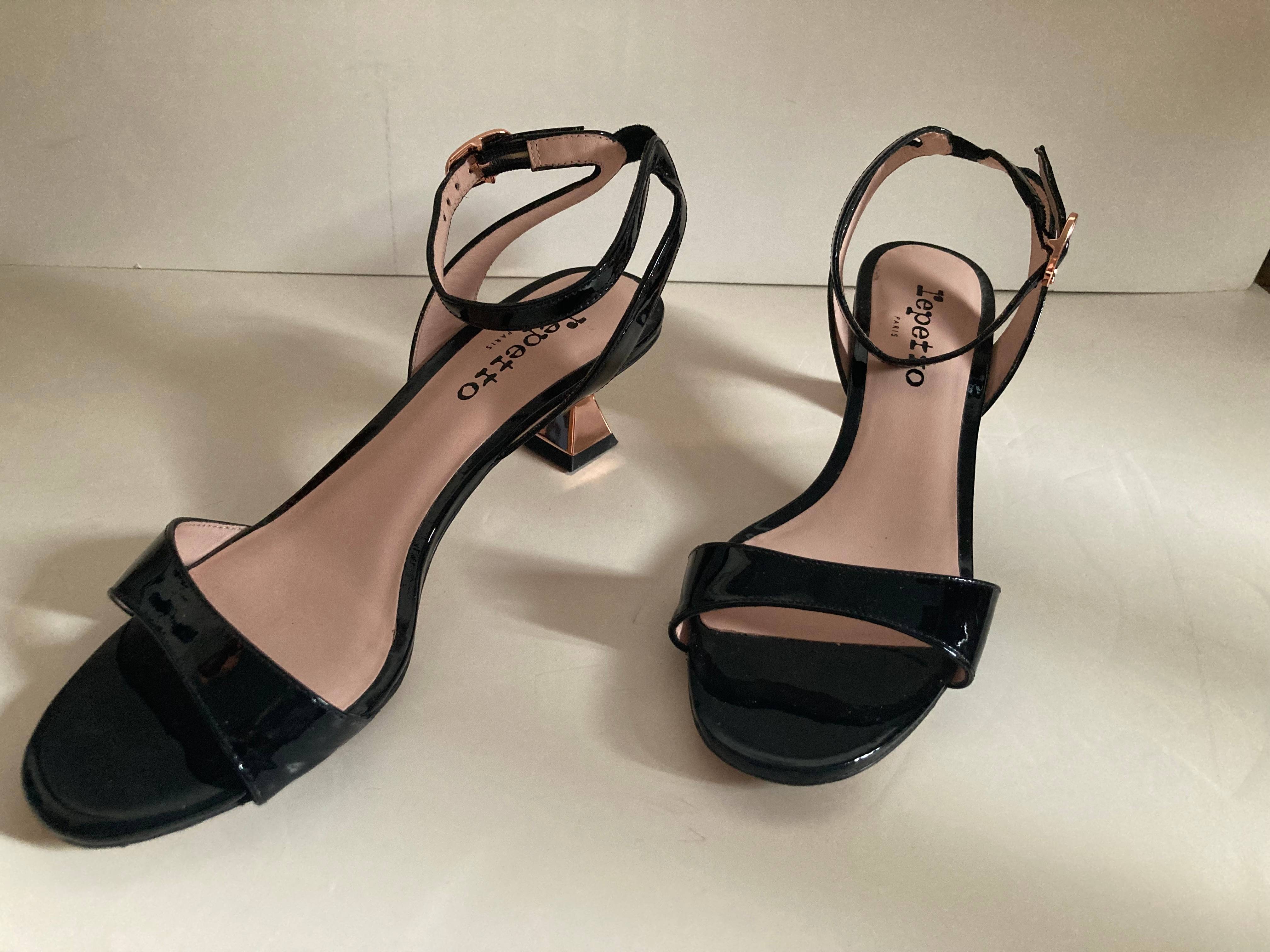 Magnifiques sandales Repetto presque neuves, noires à talon rose métallisé, pointure 38