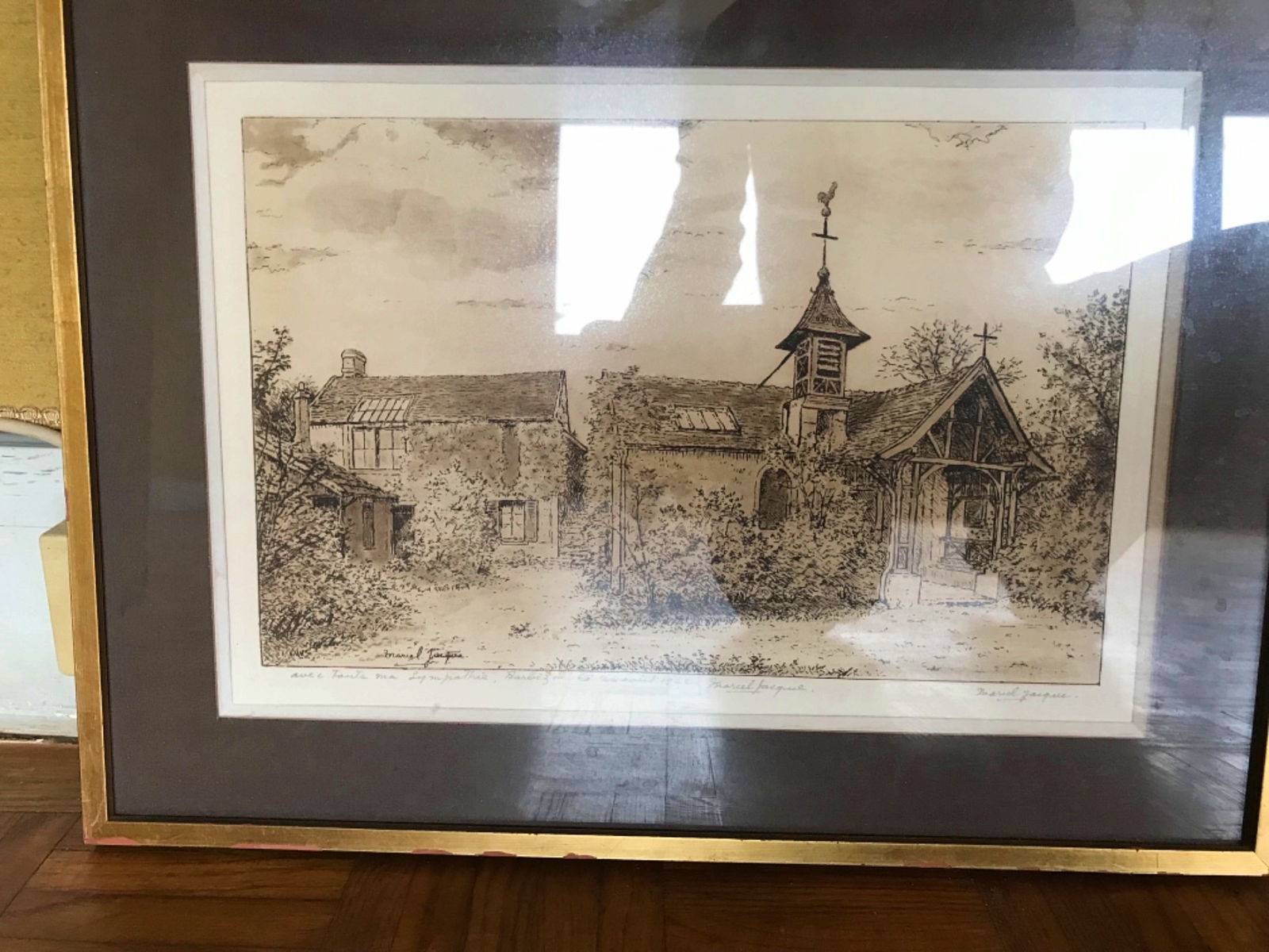Marcel Jacque, eau forte, atelier de Th Rousseau et église de Barbizon
