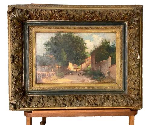 Jean-Michel Gustave ANGLADE. Rue de village avec des poules. Huile sur panneau