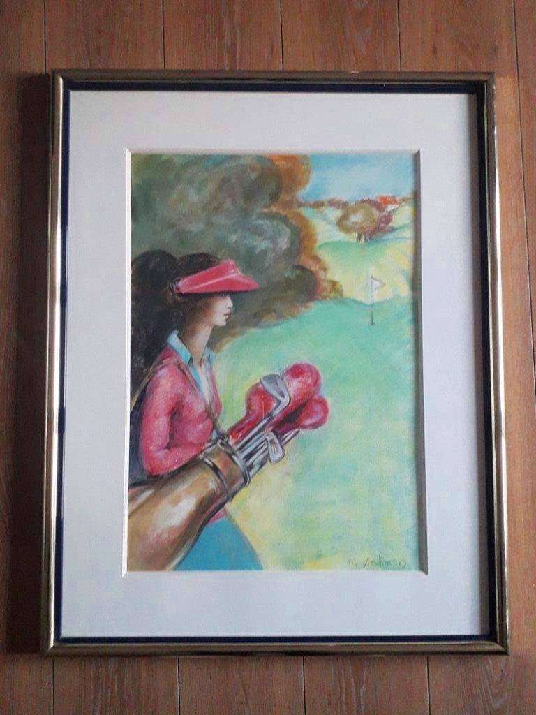 Michèle SALMON "la golfeuse" pastel original encadré avec marie louis