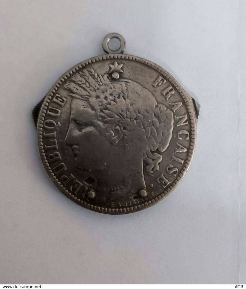 Vends pendentif avec pièce de monnaie, France, Cérès, 5 francs, 1870, argent monté en pendentif