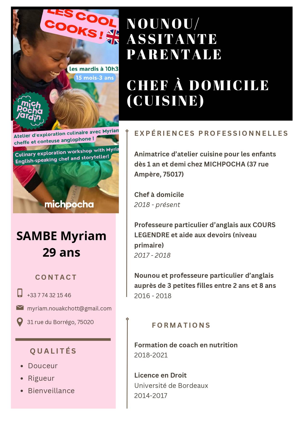 Propose babysitting avec nounou anglophone Myriam
