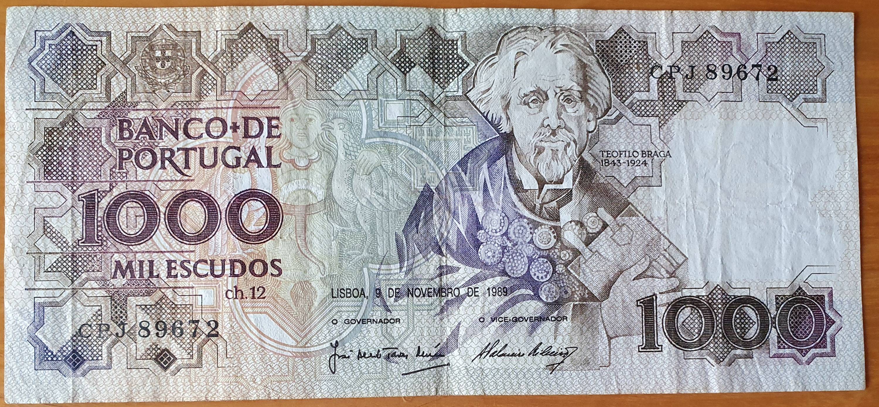 Numismatique - Billet de 1000 Escudos Portugais de 1989