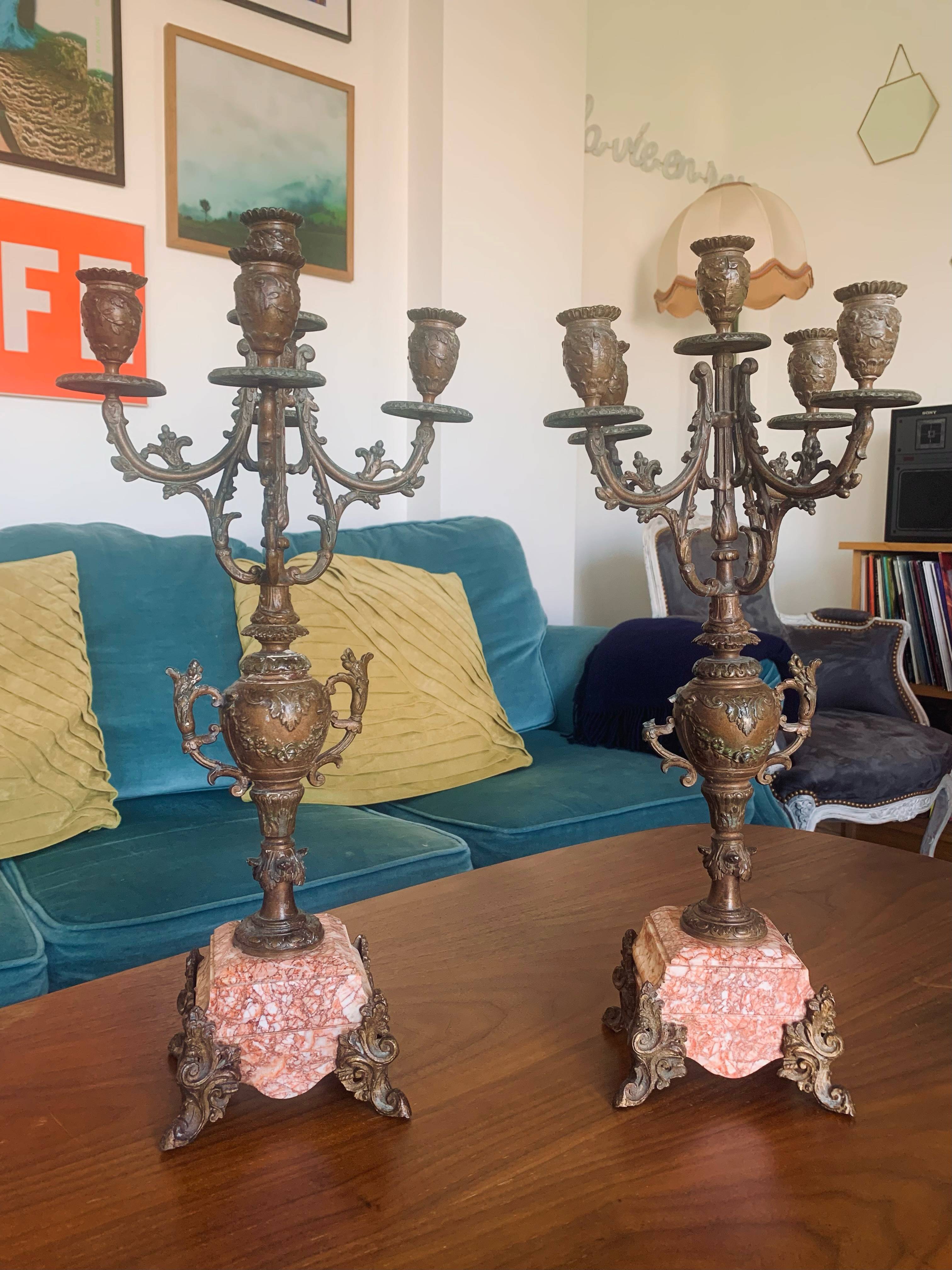 Paire chandeliers anciens socle en marbre rose / urgent prix négociable