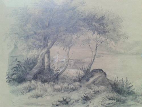 Paire de dessins originaux du XIXe siècle, paysages de bord de lac