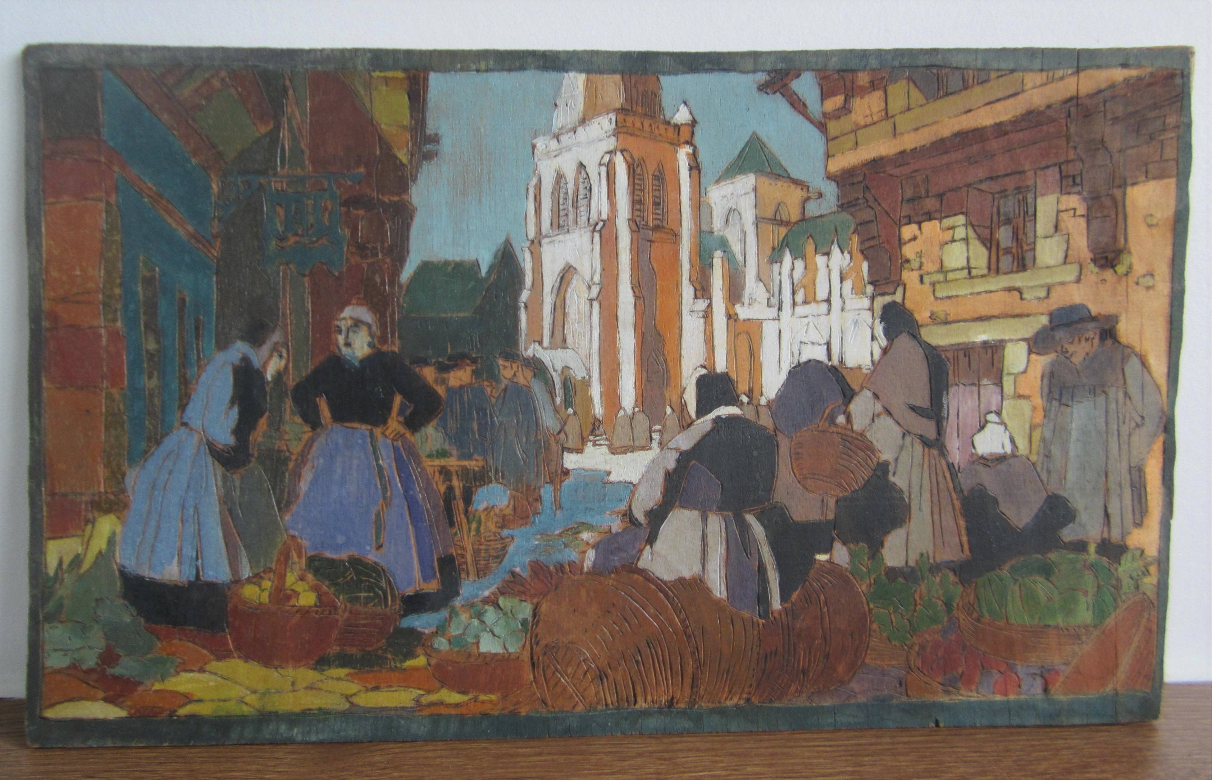 Panneau de bois pyrogravé et peint. Scène de marché en Bretagne on Gens