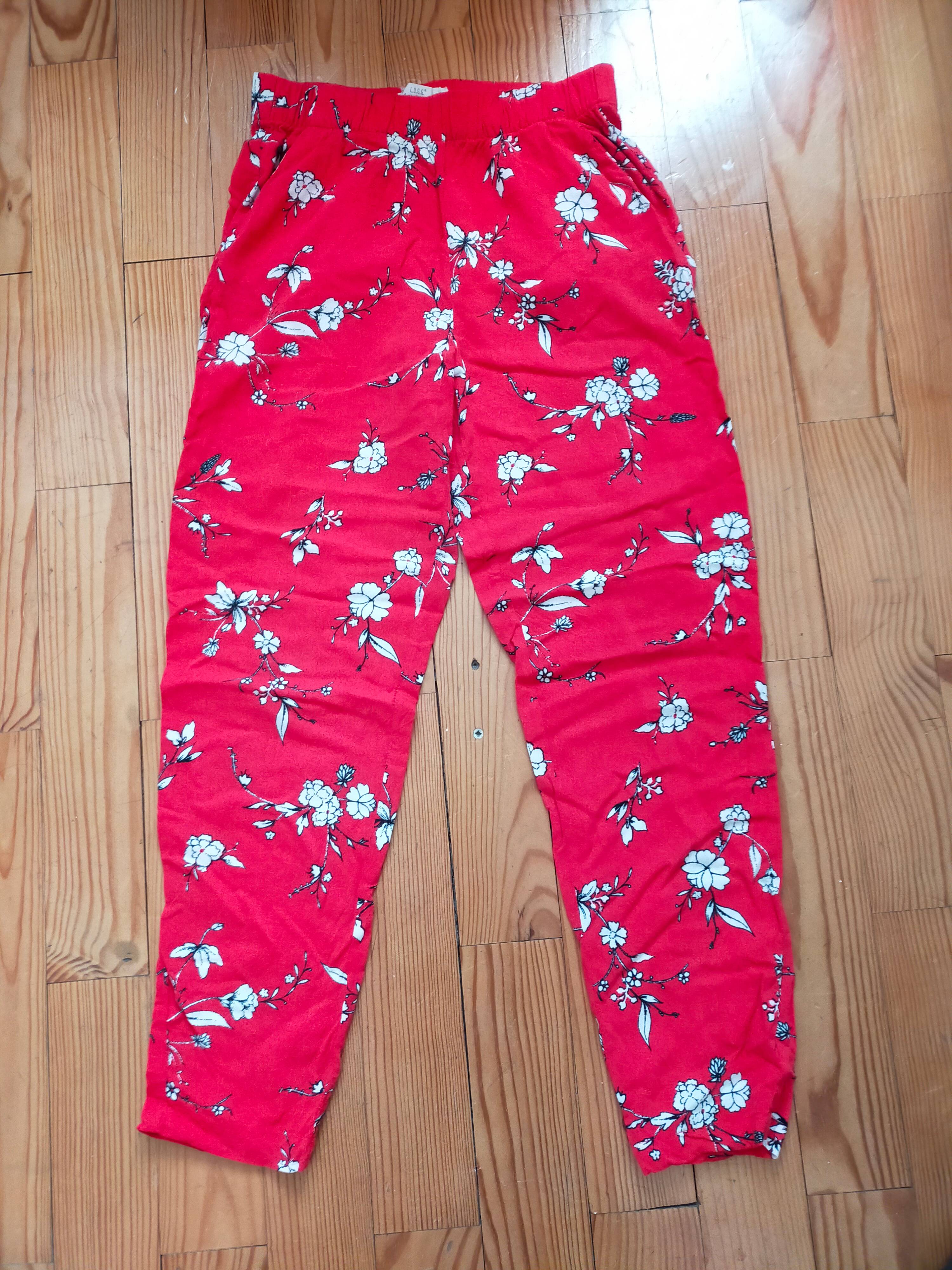 Pantalon léger rouge à fleurs blanches 34 - Taille XS