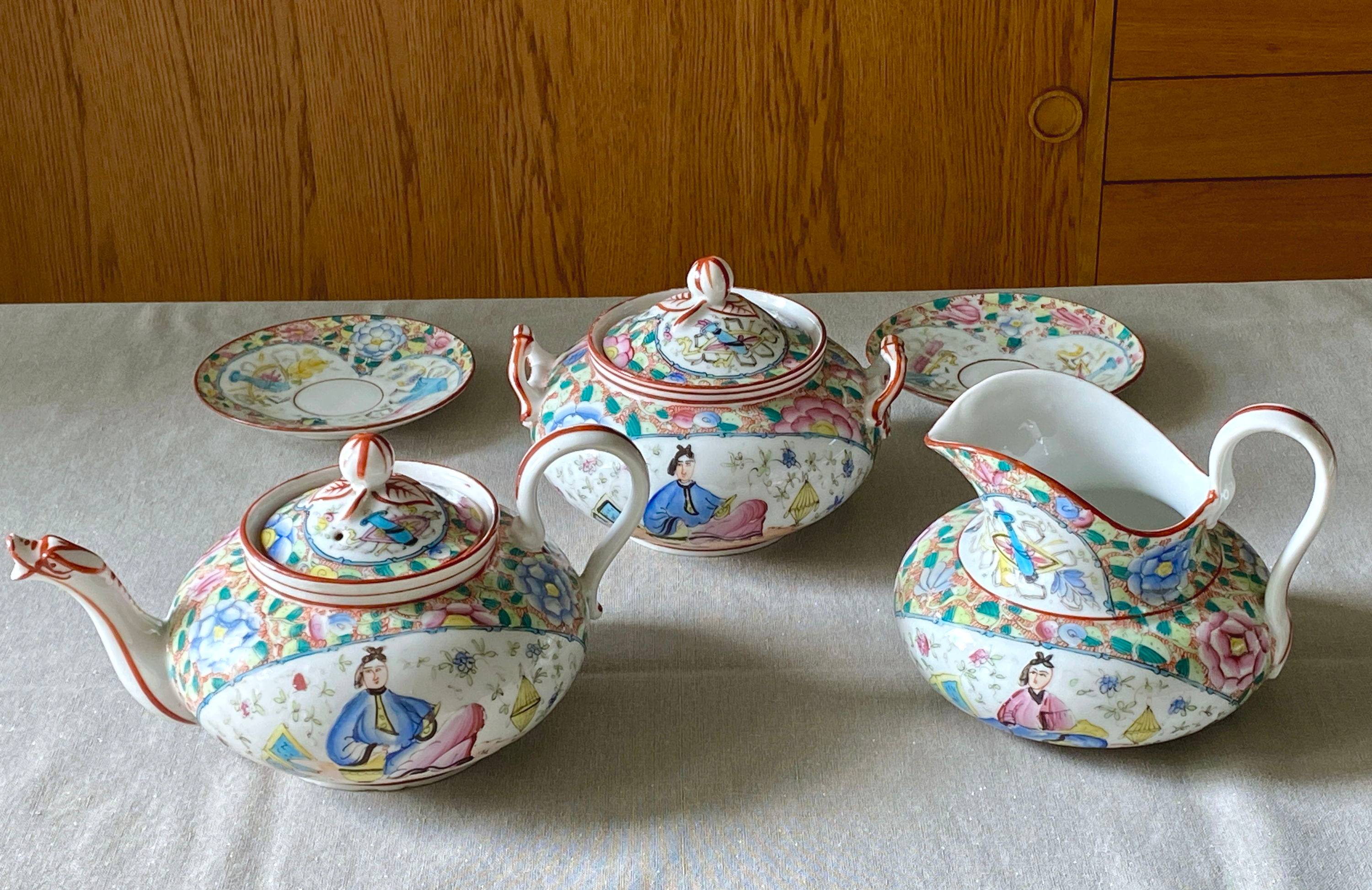 Partie de service à thé porcelaine de Bayeux - maison Gosse décor au chinois milieu 19e