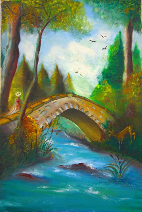 Vends peinture chevreuil en montagne à la rivière