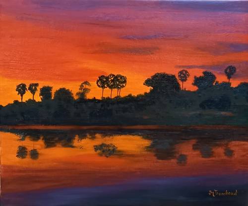 Peinture à l’huile : Coucher de soleil au dessus du Mekong